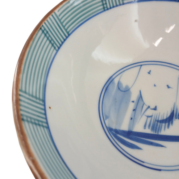 Vintage Japanese Porcelain Bowl with Blue Dog Motif & Striped Rim Hand-Painted - Picture 3 of 10